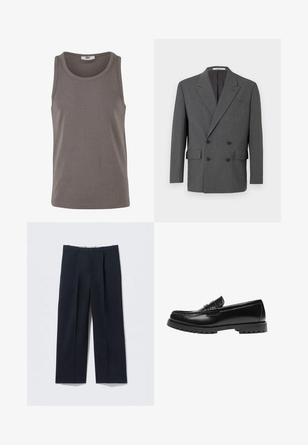 Blazer double boutonné gris foncé avec de subtils fines rayures verticales, trois boutons noirs de chaque côté et poches à rabat à l'avant.; Débardeur gris à côtes avec un col rond et de larges emmanchures. Fabriqué en tissu extensible, il présente une coupe régulière et un design minimaliste.; Pantalon bleu marine foncé en tissu lisse, avec une coupe ajustée, deux poches avant et une fermeture par bouton.; Mocassin en cuir noir avec une semelle en caoutchouc épaisse et un détail classique de bride à monnaie, vu de côté extérieur.