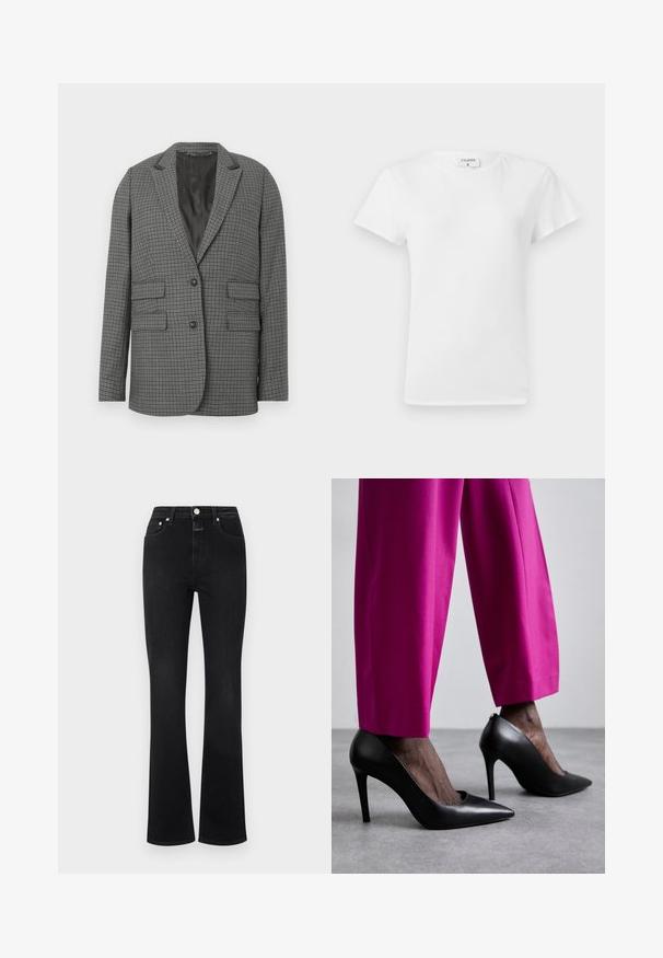 Gråternet blazer med strukturerede slag, to frontlommer med klap, to knapper og en glat indvendig foring. Klassisk skræddersyet form.; Hvid bomulds t-shirt med rund hals og korte ærmer, præsenteret i et afslappet fit og minimalistisk design. Etiketten er synlig ved halsen.; Sorte flared jeans lavet af denim, med høj talje, fem lommer, hardware i guld-tone, og en glat overflade.; Sorte højhælede sko med spids tå-design og glat læderstruktur. Kombineret med lyserøde, skræddersyede bukser.