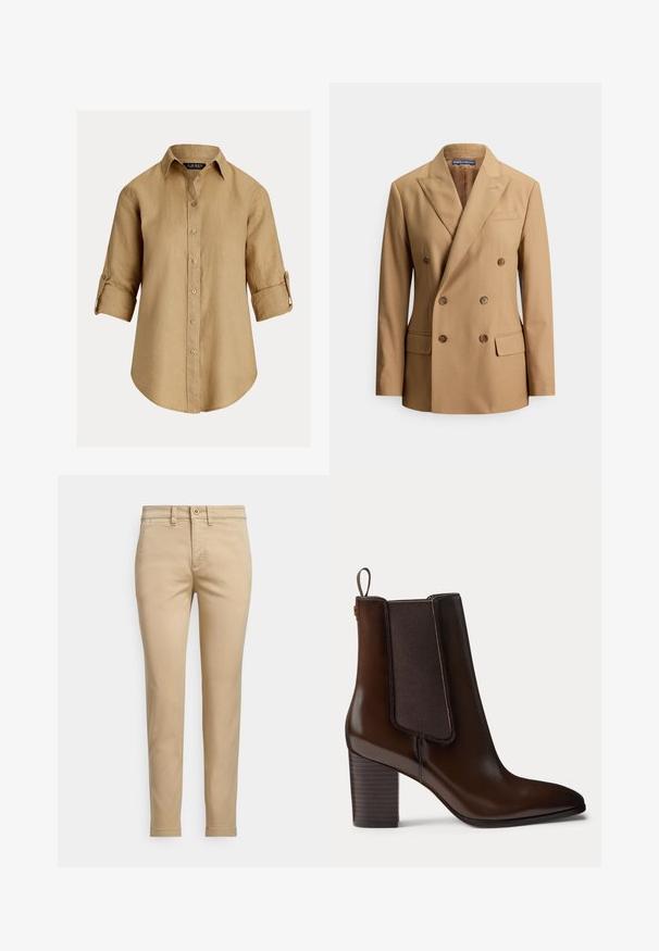 Tan-Doppelreiher-Blazer aus glattem Stoff, mit zwei Vorder Taschen, braunen Knöpfen, spitzen Revers und schlankem, maßgeschneidertem Design.; Hellbraunes Leinenhemd mit knöpfbarer Vorderseite, hochgekrempelten Ärmeln und klassischem Kragen. Verfügt über eine lockere Passform und eine glatte Textur.; Beige Chinos aus Baumwolle mit geradem Schnitt, ausgestattet mit Knopfverschluss, Vordertaschen und abgesteppten Details entlang der Nähte.; Dunkelbrauner Leder-Stiefelette mit Blockabsatz und elastischem Seitenteil, mit einer Zuglasche hinten für einfaches Anziehen.