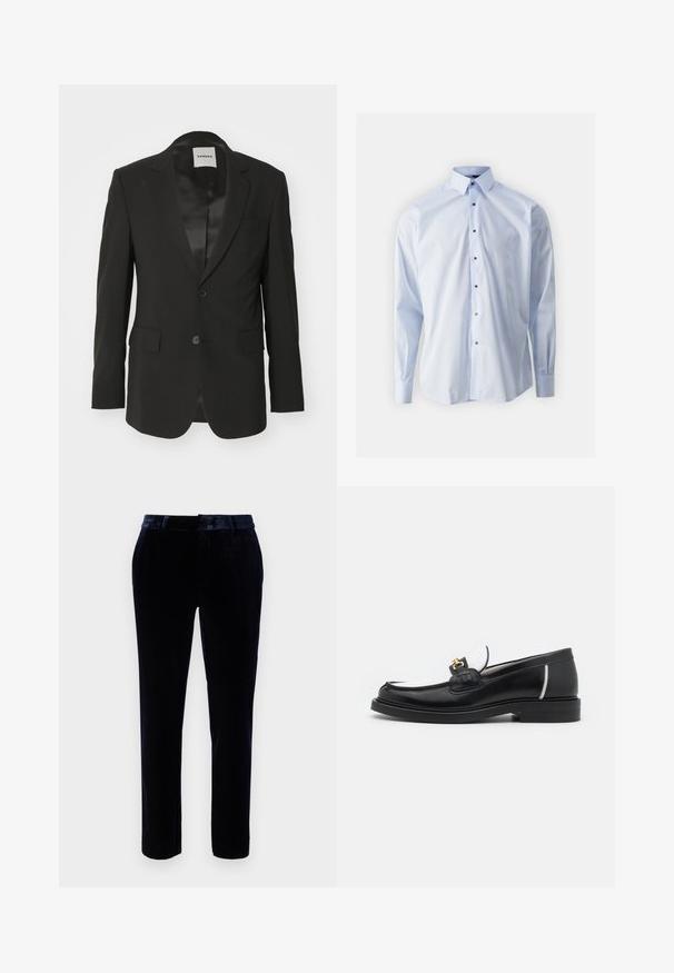 Zwarte blazer van gladde stof met een satijnen afwerking, met één knoopsluiting, notch kraag en twee voorzakken.; Lichtblauw overhemden met lange mouwen en een kraag. Bevat zeven zwarte knopen aan de voorkant, gemaakt van gladde stof met een frisse textuur.; Donkerblauwe fluwelen broek met een rechte voorkant, ceintuurlussen en een slank model. De gladde textuur en subtiele glans verbeteren de uitstraling.; Zwarte leren instapper met een ronde neus, witte accenten en gouden hardware op de wreef. Bevat een getextureerde patch en een gestapelde hak.