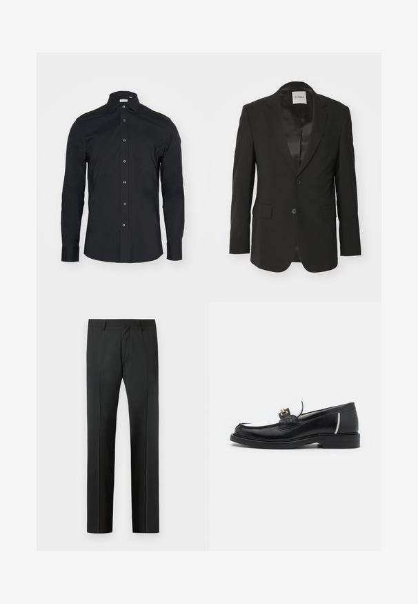 Schwarzer Blazer aus glattem Stoff mit satinierter Oberfläche, mit einem einzelnen Knopfverschluss, Reverskragen und zwei vorderen Taschen.; Schwarze Langarm-Button-Up-Bluse mit klassischem Kragen. Hergestellt aus glattem Stoff, verfügt über Vorderknöpfe und abgerundete Manschetten.; Schwarze, maßgeschneiderte Anzughose mit Gürtelschlaufen und Bügelfalte, vor einem hellgrauen Hintergrund präsentiert.; Schwarze Lederloafers mit runder Zehenpartie, weißen Akzenten und goldenen Beschlägen auf dem Vorderblatt. Verfügt über ein strukturiertes Patch und einen gestapelten Absatz.