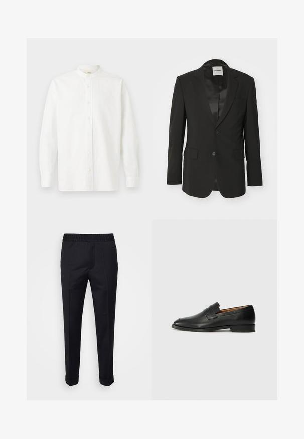Sort blazer lavet af glat stof med satin finish, enkelt knaplukning, notch revers og to frontlommer.; CLOSED COLLARLESS SHIRT - Skjorter - white; Sorte bukser lavet af letvægtsstof, med elastisk talje, sidelommer og oprevne kant. Glat tekstur med frontvendinger.; Sort læder loafer med rund tå, diskret syning, og lav hæl, der har en glat tekstur og minimalistisk design.