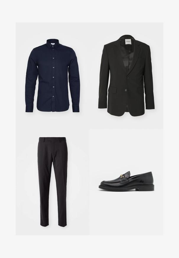 Schwarzer Blazer aus glattem Stoff mit satinierter Oberfläche, mit einem einzelnen Knopfverschluss, Reverskragen und zwei vorderen Taschen.; Dunkelblaues Langarmhemd aus Baumwolle mit Button-Down-Kragen und Knöpfen an der Vorderseite. Verfügt über eine glatte Textur und eine strukturierte Passform.; Schwarze, maßgeschneiderte Hose mit flachem Frontdesign, schlanker Passform, Gürtelschlaufen und glatter Textur. Geeignet für formelle oder geschäftliche Anlässe.; Schwarze Lederleter mit einer abgerundeten Zehenpartie, ausgestattet mit goldenen Hardwareakzenten und Stichdetails, auf einer niedrigen, strukturierten Gummisohle.