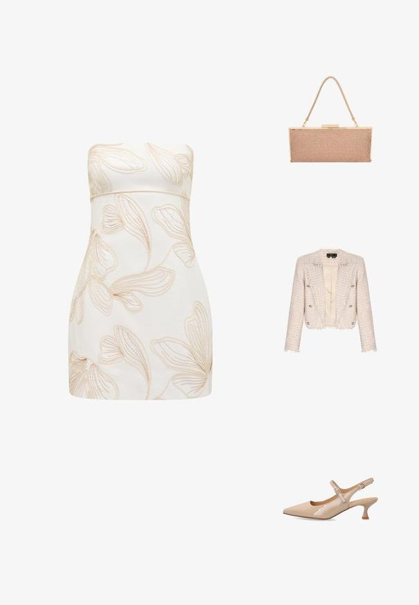 Ingekorte beige en witte tweedjas met rafelige randen, dubbelgeknoopte zilveren knopen en een gladde beige binnenvoering.; Strapless jurk in crèmekleur met reliëf bloemenpatronen in lichtbeige. Getailleerd ontwerp, gladde textuur, knielange snit en geen zichtbare sluitingen.; Beige lakleren slingback kitten heel schoen met spits toelopende neus en dubbele gespsluitingen op witte achtergrond.; Metalen roségouden clutch tas met een gestructureerd gaasoppervlak, goudkleurige hardware en een dunne, gevlochten schouderriem.