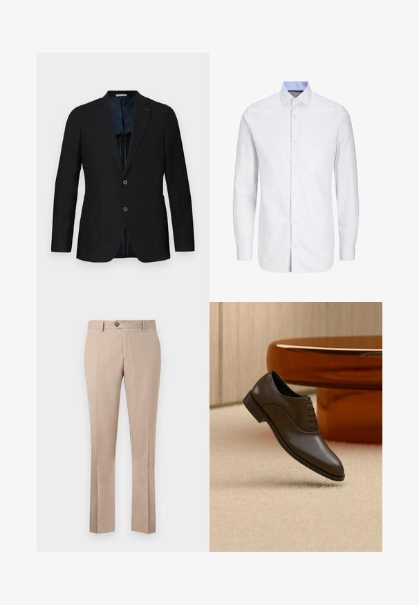 Schwarzer Leinenblazer mit zwei Knöpfen, Reverskragen, Fronttaschen und blauer Musterfutter. Zu den besonderen Details gehört ein dezentes Logo.; Herrenweißes langärmliges Hemd mit feinem Karomuster und blauem Innenkragen, durchgehender Knopfleiste und spitzem Kragen.; Beige Hose aus leichtem Stoff, mit geradem Schnitt, Ein-Knopf-Verschluss und zwei Fronttaschen.; Brauner Lederdressschuh mit Schnürsenkeln, der über einem beigen Teppich schwebt, mit einem runden bernsteinfarbenen Tisch im Hintergrund.