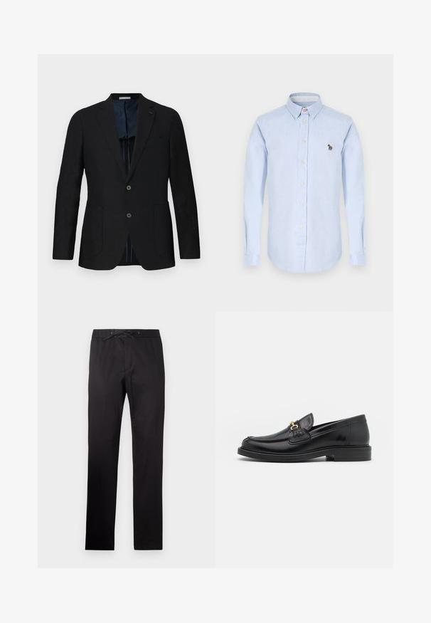 Sort linned blazer med to knapper, notch lapel, frontlommer og blå mønstret for. Fremhævede detaljer inkluderer et diskret logo.; Lysblå skjorte med lange ærmer, krave, frontknapper og en lille broderet zebra detalje på brystet.; Sorte bukser med elastisk talje og snor. Har en glat tekstur og lige ben-design. Minimalistisk stil uden mønstre.; Sorte læder loafers med en rund tå, der har guld hardware accent og syningsdetaljer, placeret på en lav, tekstureret gummisål.
