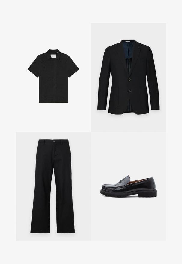 Sort linned blazer med to knapper, notch lapel, frontlommer og blå mønstret for. Fremhævede detaljer inkluderer et diskret logo.; Kortærmet sort skjorte lavet af åndbart stof med indviklede udskæringsmønstre og en knappet front.; Sorte straight-leg bukser lavet af bomuld, med knaplukning og bæltestropper. Glat tekstur uden synlige mønstre eller accenter.; Sorte læder penny loafer med chunky gummisål og moc toe syninger, vist i profil på en hvid baggrund.