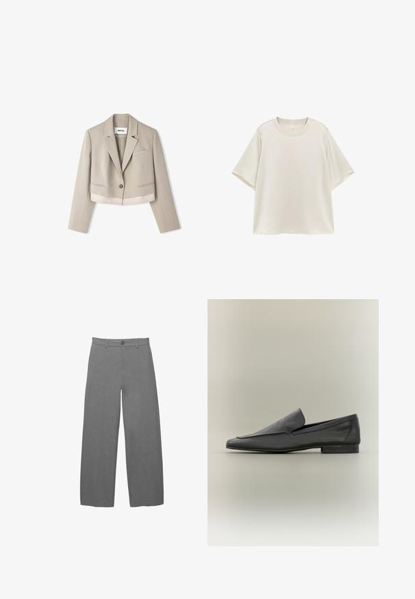 Korte beige blazer van een gladde stof, met geknipte revers, een enkele knoop en zijzakken met subtiele stikseldetails.; Effen lichtbeige T-shirt met korte mouwen en een ronde hals, met een losse pasvorm, plat uitgestald op een witte achtergrond.; Lichtgrijze broek met wijde pijpen van een gladde, gestructureerde stof, voorzien van een knoopsluiting aan de voorkant en riemlussen in de taille.; Zwarte leren loafers met een gladde afwerking, puntige neus en een minimalistisch ontwerp. Lage gestapelde hak en subtiele stiksels.