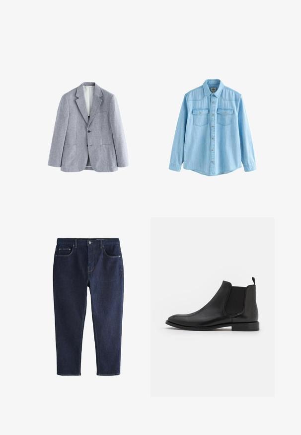 Lysegrå enkeltknappet blazer med notch revers, to forlommer med lap, en brystlomme og en hvid inderforing.; Lyseblå denimskjorte med lange ærmer, knapper foran og to brystlommer med knaplukning.; Mørkeblå jeans i denim med en almindelig tilspidset pasform, med forlommer, bæltestropper og knaplukning.; Sorte læder Chelsea støvle med elastiske sidepaneler, en rund tå og en lav hæl. Glat tekstur med et minimalistisk design.