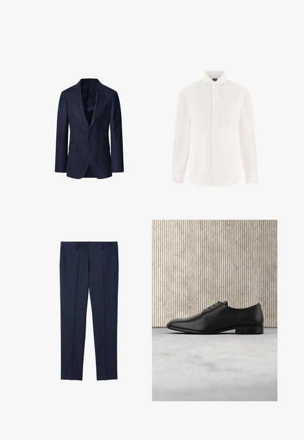 Hackett London Blazerjasje - navy; Witte blouse met lange mouwen, knoopsluiting, puntige kraag en effen voorkant, getoond tegen een witte achtergrond.; Marineblauwe, op maat gemaakte broek van een soepele stof. Voorzien van een knoopsluiting, zijzakken en een recht model.; Zwarte lederen dresschoenen met een strak ontwerp, ronde neus, vijf veterogen voor veters, en een kleine opstaande hak. Subtiele reliëf logo detail.