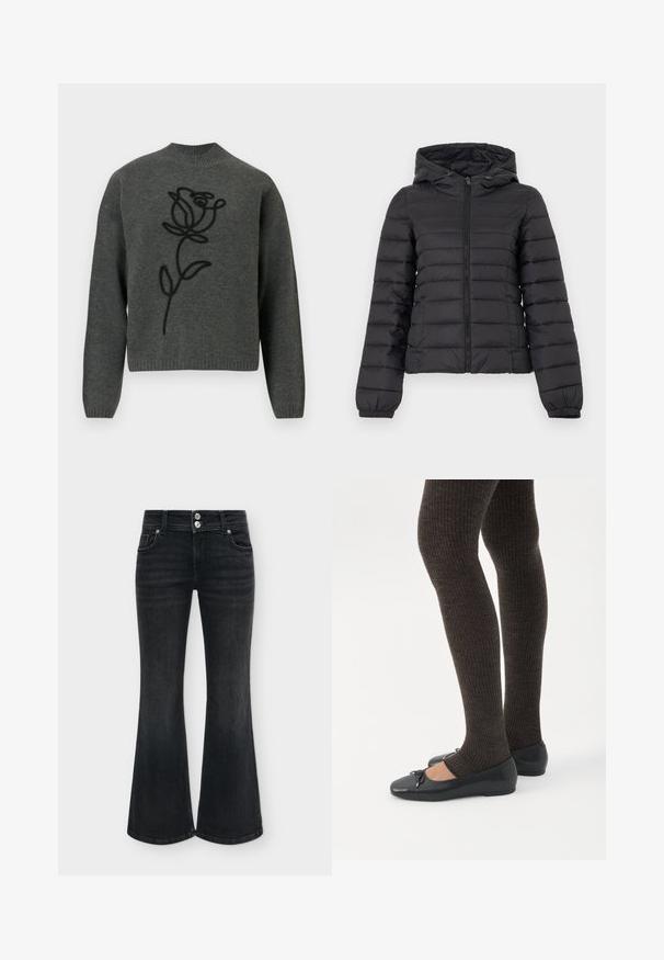 Doudoune matelassée noire avec capuche, fermeture éclair frontale, poignets élastiques et poches latérales, présentée sur un fond clair uni.; Pull en maille à manches longues gris foncé avec un col haut et un design de rose noir brodé au centre avant.; Jean flare noir taille haute avec fermeture à double bouton argenté, poches avant et larges ouvertures aux jambes sur fond uni.; Jambes portant des leggings côtelés foncés associés à des ballerines noires avec de petits détails en nœud sur fond blanc.