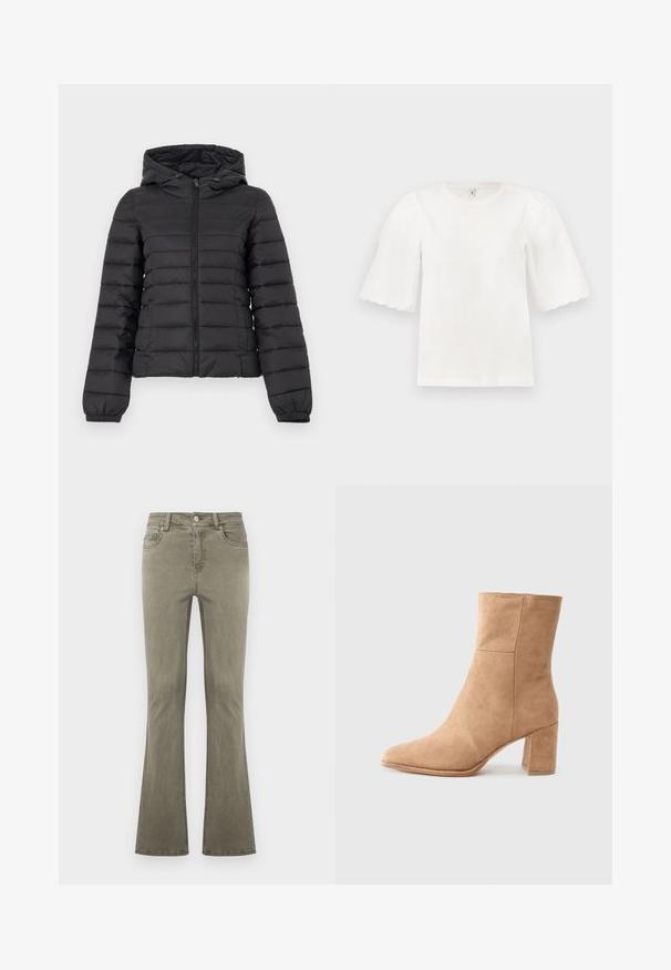 Zwarte gewatteerde pufferjas met capuchon, ritssluiting aan de voorkant, elastische manchetten en zijzakken, weergegeven op een effen lichte achtergrond.; Witte blouse met korte mouwen, geschulpte randen en opgeblazen mouwen, ronde hals, getoond op een eenvoudige lichte achtergrond.; Recht gesneden olijfgroene spijkerbroek met knoopsluiting aan de voorkant, riemlussen en ontwerp met vijf zakken, weergegeven op een effen achtergrond.; Beige leren enkelboot met een spitse neus, blokhak en een gladde textuur. Beschikt over minimale stiksels voor een strakke uitstraling.