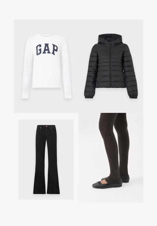 Doudoune matelassée noire avec capuche, fermeture éclair frontale, poignets élastiques et poches latérales, présentée sur un fond clair uni.; Chemise blanche à manches longues avec encolure ronde et "GAP" imprimé en grandes lettres bleu marine sur la poitrine.; Jean noir taille haute avec jambes évasées, fermeture devant par bouton et zip, et design à cinq poches.; Jambes portant des leggings côtelés foncés associés à des ballerines noires avec de petits détails en nœud sur fond blanc.