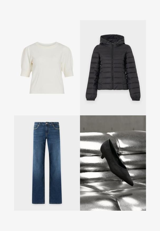 Schwarze gesteppte Steppjacke mit Kapuze, Frontreißverschluss, elastischen Bündchen und Seitentaschen, vor einfachem hellem Hintergrund dargestellt.; Weißes Kurzarm-Strickoberteil mit rundem Ausschnitt und Puffärmeln. Glatte Textur und figurbetonte Silhouette, geeignet für legere Anlässe.; Dunkelblaue Jeans mit geradem Bein, fünf Taschen, Metallknopfverschluss und kleinen silbernen Nieten entlang der Vorderkanten der Taschen.; Schwarzer spitzer Kitten-Heel-Schuh schwebt über einem glänzenden metallisch gesteppte Ledercouch.