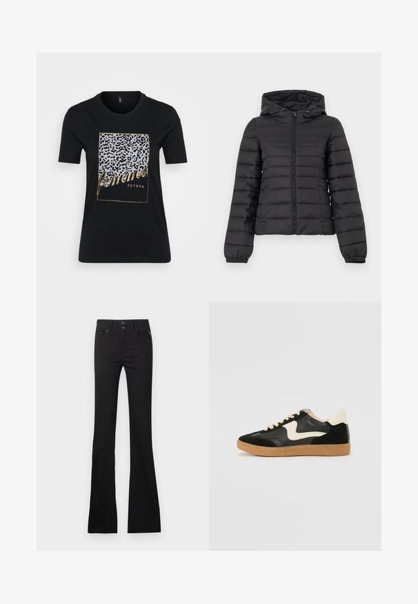 Sort quiltet dunjakke med hætte, lynlås foran, elastiske ærmekanter og sidelommer, vist på ensartet lyst baggrund.; Sort bomuld T-shirt med leopardmønster og gyldent tekst, der står "femmes FUTURE" inden for en rektangulær ramme.; Sorte højtaljede flared jeans med forlommer, bæltestropper og toknapslukning på ensfarvet baggrund.; Sorte ruskinds- og lædersneakers med en cremefarvet side-swoosh og lys cremefarvet hæl. Har beige snørebånd og en gummirubber-sål.