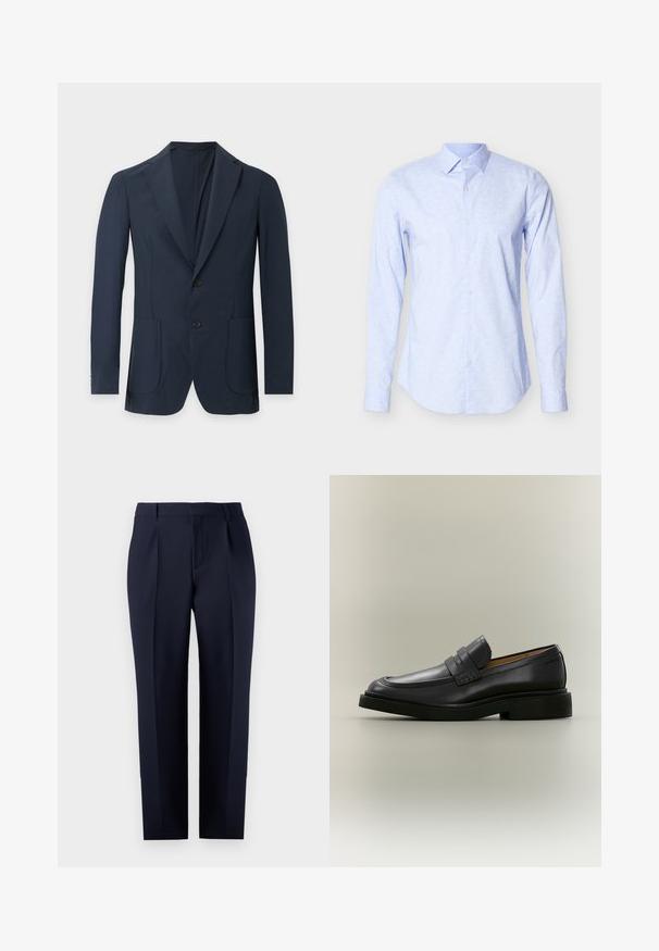 Blazer azul marino oscuro para hombre con dos botones, solapas con muesca y bolsillos parcheados en la parte delantera, exhibido sobre un fondo claro y liso.; Camisa de manga larga de color azul claro, confeccionada en tela suave, con un sutil patrón floral, cierre de botones al frente y diseño de cuello clásico.; Pantalones sastre azul marino hechos de tejido texturizado, con corte recto, pliegues delanteros y una cinturilla clásica con trabillas para cinturón.; Mocasín de hombre de cuero negro con tacón bajo y detalle de correa en la parte superior, mostrado de perfil sobre un fondo neutro.