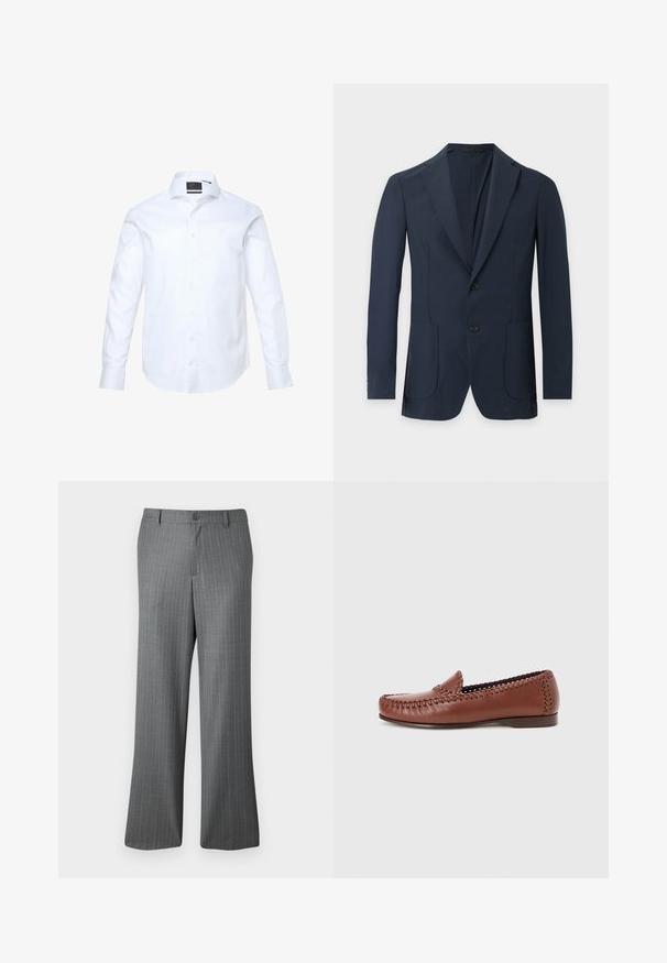 Dunkel marineblauer Herrenblazer mit zwei Knöpfen, Notch-Revers und aufgesetzten Taschen vorne, vor einem schlichten hellen Hintergrund präsentiert.; Weißes Langarmhemd aus glattem Stoff, mit durchgehender Knopfleiste, spitzem Kragen und dezenten "JP"-Stickerei auf der Brust.; Grau gestreifte Hose mit lockerem Schnitt, ausgestattet mit einem Knopfverschluss, Gürtelschlaufen und dezenten hellblauen Streifen.; Brauner Leder-Slipper mit gewebten Nahtdetails an den Rändern und flachem, niedrigem Absatz auf weißem Hintergrund.