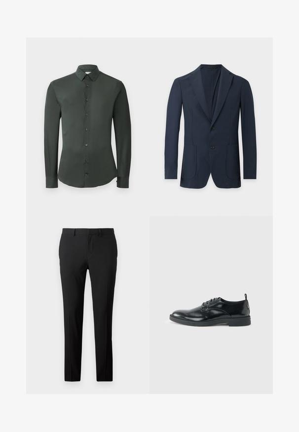 Donker marineblauw herenblazer met twee knopen, inkeping revers en opgestikte zakken aan de voorkant, getoond tegen een effen lichte achtergrond.; Donkergroene shirt met lange mouwen, klassieke kraag, frontsluiting met knopen en een gladde stofstructuur. Voorzien van knoopmanchetten en een getailleerde pasvorm.; Op maat gemaakte zwarte broek van een gladde stof. Heeft een recht model, voorplooien en riemlussen voor verstelbare maat.; Glanzende zwarte lederen nette schoen met lage hak, vetersluiting en ronde neus, van opzij getoond tegen een effen lichte achtergrond.