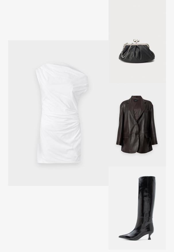 Donkerbruine leren blazer met inkeping revers, twee voorzakken met klep, een borstzak en twee knopen aan de voorkant.; Een een-schouder witte jurk van zacht materiaal, met een gedraaide textuur aan de zijkant en een aansluitende silhouette.; Zwarte leren kniehooglaarzen met een glanzende afwerking, spitse neus en een kleine, vierkante hak. Smooth textuur, minimale stikseldetails.; Zwarte leren clutch met geplooide textuur, zilverkleurig metalen frame, drukknopsluiting en kettingriem. Glad, zacht oppervlak.