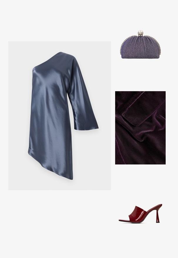 Lilla fløjlstof med en glat overflade og let glans, der har foldede sektioner og en ren kant. Ingen synlig hardware eller mønstre.; Asymmetrisk satin kjole i mørk navy, med én langærmet og en glat, blank tekstur med en skrå nederkant.; Røde patentlæder hælhøje mules med åben tå, buet overdel og en slank hæl. Glat tekstur med en blank finish og et minimalistisk design.; Lille lilla aftentaske med sølvkant og perlelukning på toppen.