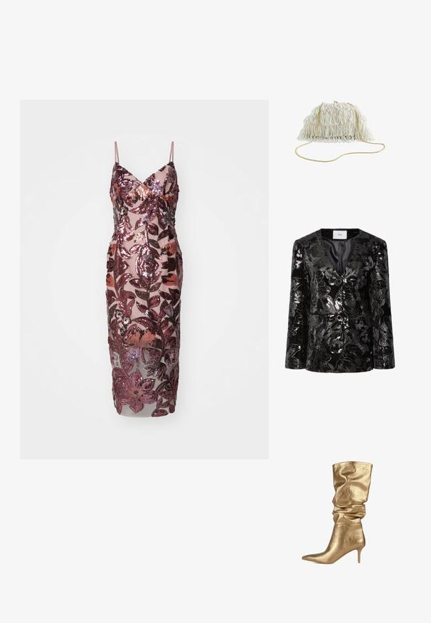 Sort paletot med pailletter, der har blomster mønstre, dyb V-udskæring, to knapper og frontlommer. Tekstur overflade med en skinnende finish.; Glitrende ærmeløs kjole i gennemsigtig stof med pink palietblomsterdesign. Har V-udskæring og tætsiddende silhuet, der når til midten af læggen.; LOLA CASADEMUNT Høje støvler/ Støvler - gold; Perlebesat kuverttaske med frynse detaljer, elfenbensfarvet, gyldent kæderem, og afrundet silhuet. Tekstureret overflade med indviklet perlearbejde.