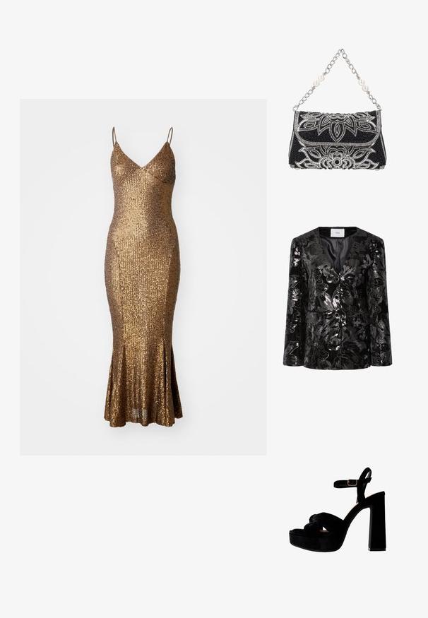 Blazer noir en sequins avec des motifs floraux, décolleté en V profond, deux boutons et poches avant. Surface texturée avec une finition brillante.; Robe en sequins dorés avec une silhouette ajustée, des bretelles spaghetti et un ourlet évasé. La surface texturée réfléchit la lumière, accentuant le scintillement.; Sandales à plateforme noires avec un talon épais, en daim, avec un design avant noué et une lanière de cheville ajustable avec une boucle en métal.; Pochette de soirée noire avec broderie florale en perles argentées, bandoulière chaîne argentée et grands accents de perles sur la poignée.