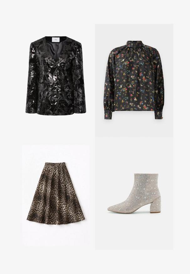 Blazer noir en sequins avec des motifs floraux, décolleté en V profond, deux boutons et poches avant. Surface texturée avec une finition brillante.; Blouse noire à manches longues, col haut et encolure froncée. Présente un motif floral vibrants aux multiples couleurs sur un tissu lisse.; Jupe midi à motif léopard en tissu doux, avec une silhouette fluide, une ceinture noire et un motif varié marron et noir.; Blue by Betsey Johnson Bottines - silver-coloured