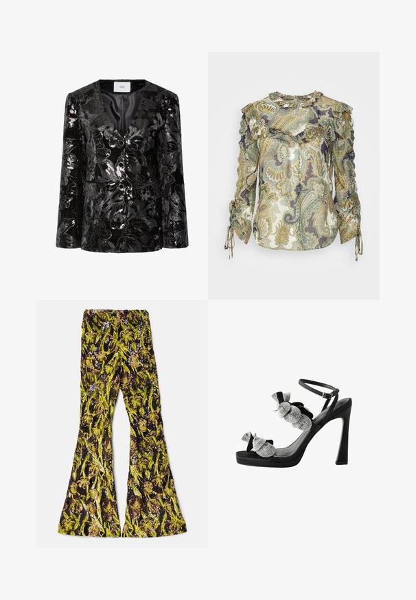 Sort paletot med pailletter, der har blomster mønstre, dyb V-udskæring, to knapper og frontlommer. Tekstur overflade med en skinnende finish.; Veronica Beard HOWELL BLOUSE - Bluse - green; AKNVAS EXCLUSIVE LENNON BEADED PANT - Bukser - ink citrine; Sorte højhælede sandaler med en tyk platform, prydet med sølv rhinestones og blomsterstofdetaljer på stropperne.