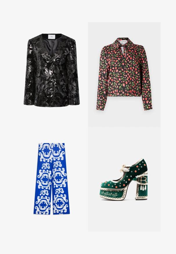 Blazer noir en sequins avec des motifs floraux, décolleté en V profond, deux boutons et poches avant. Surface texturée avec une finition brillante.; Blouse noire avec un motif floral de fraises rouges et de feuilles vertes, dotée d'un col et d'une ouverture en forme de clé au niveau du décolleté.; Pantalon bleu à jambes larges avec un motif blanc tourbillonnant, confectionné dans un tissu lisse à texture extensible. Aucune quincaillerie ni accent visible.; Chaussure à plateforme en velours vert avec des clous décoratifs rouges et argentés, des brides en perles, une bordure dorée, une broderie et un talon bloc avec des perles pendantes et un charme "B".