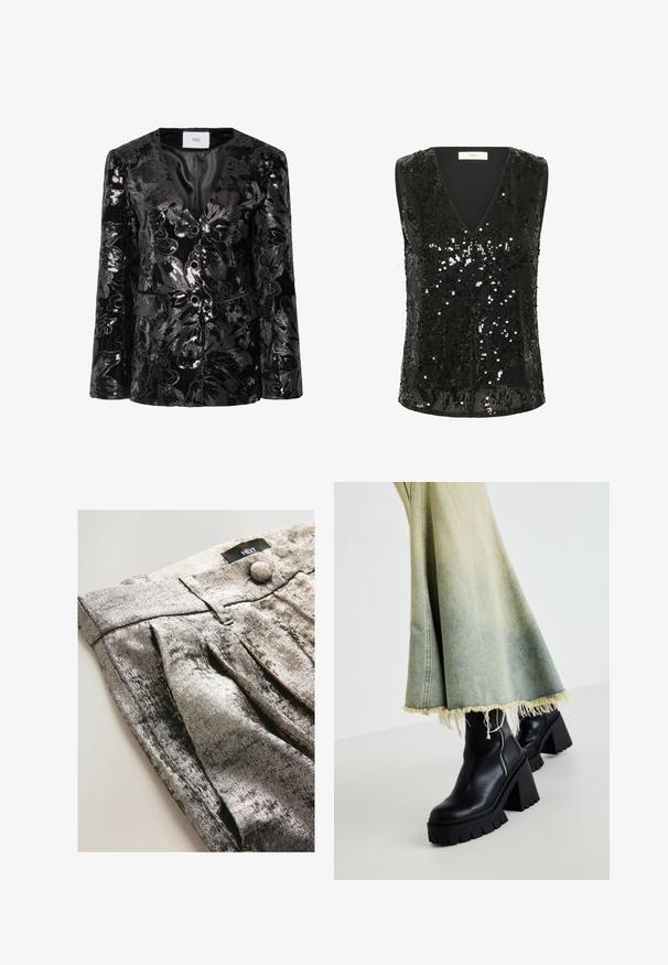 Schwarze Paillettenblazer mit Blumenmustern, tiefem V-Ausschnitt, zwei Knöpfen und vorderen Taschen. Strukturierte Oberfläche mit glänzender Optik.; Schwarzes ärmelloses Oberteil mit tiefem V-Ausschnitt, verziert mit glänzenden schwarzen Pailletten, aus glattem Stoff und mit einem leicht abgerundeten Saum.; Metallisch silberne Hose aus einem weichen, strukturierten Stoff. Mit Falten und einem Knopfverschluss. Etikett am Bund sichtbar.; Schwarze Leder-Ankle-Boots mit einer groben strukturierten Sohle, kombiniert mit einem verwaschenen Jeansrock mit fransigen Kanten. Reißverschlussdetail an der Seite.