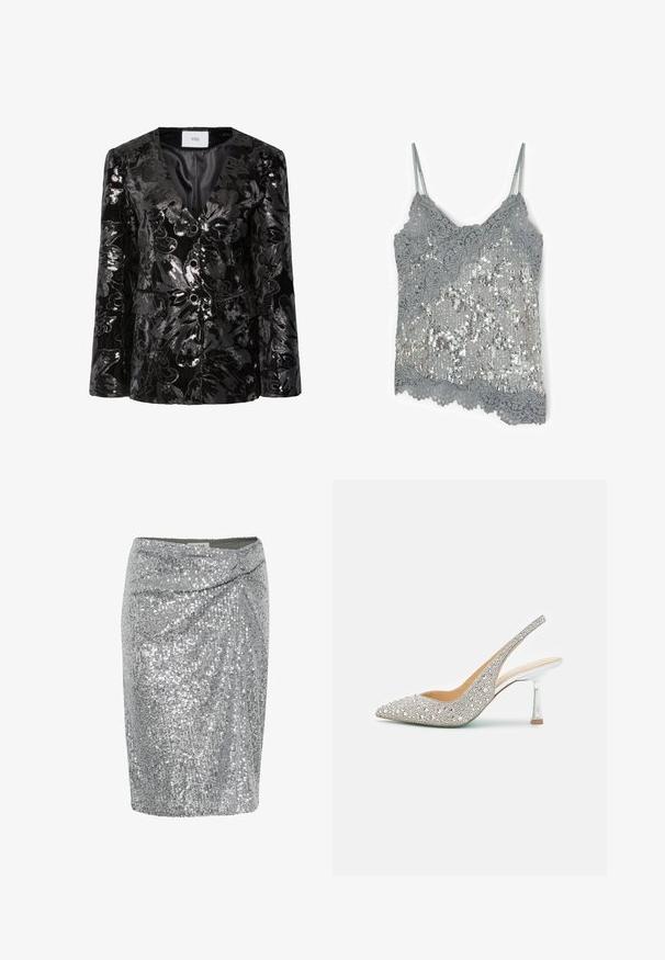 Sort paletot med pailletter, der har blomster mønstre, dyb V-udskæring, to knapper og frontlommer. Tekstur overflade med en skinnende finish.; Grå blonde-camisole med sølv palietter, med tynde justerbare stropper og bølget blondekant.; Sølvfarvet mini nederdel med pailletter og indpakningsdesign, der har en glat tekstur og en tætsiddende silhuet. Dekoreret med glitrende pailletter.; Sølv slingback højhælet sko med spids tå, beklædt med rhinsten og perler, med en gennemsigtig hæl og en glat indvendig foring.