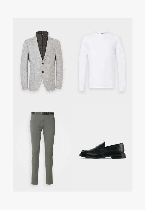 Grå blazer med en tekstureret finish, featuring en lynlåset sort quiltet inderfoder, to frontlommer og to mørke knapper på fronten.; Langærmet ensfarvet hvid crewneck skjorte vist på en flad, lysegrå baggrund.; Grå bomulds chinos med slim fit, der har et sort bælte, to sidelommer og et enkelt design. Blød tekstur uden synlige mønstre.; Sort læder herre penny loafer med lav stablet hæl og rundet tå vist fra siden på lys grå baggrund.