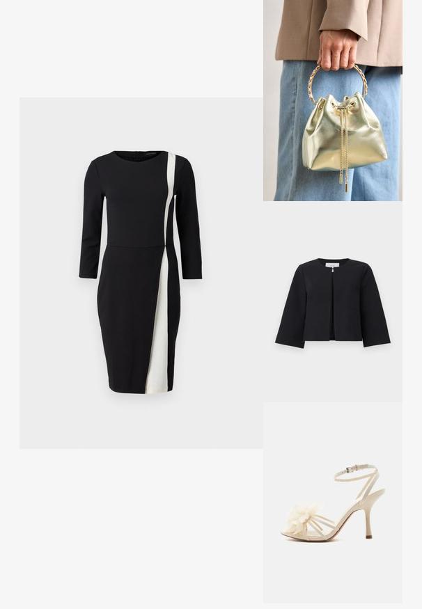 Zwarte cropped jack met open voorkant, lange mouwen en een ronde hals, weergegeven op een eenvoudige lichte achtergrond.; Zwarte jurk met driekwartmouwen, voorzien van een witte diagonale streep. Gemaakt van gladde stof, met een aansluitende taille en een knielange snit.; Witte sandaal met hoge hak, dunne enkelband, open teen en grote stoffen bloemdetail op de voorriemen.; Metalen gouden bucket bag met een trekkoordsluiting, voorzien van een gouden kettinghandvat en twee decoratieve kettingdetails aan de voorkant.