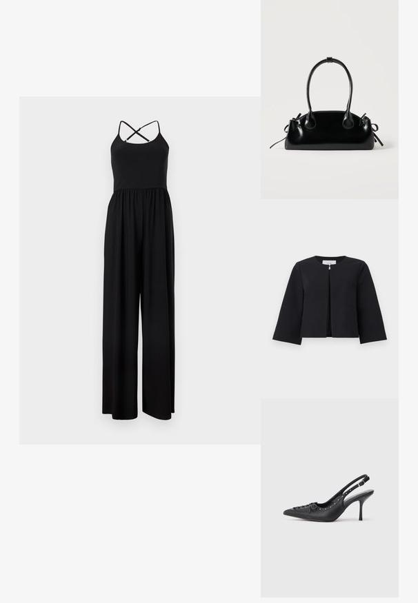 Veste noire courte ouverte à l'avant, avec manches longues et col rond, présentée sur un fond clair uni.; Combinaison noire sans manches avec bretelles spaghetti croisées dans le dos et pantalon à jambes larges, présentée sur un fond uni.; Escarpin en cuir noir à talon aiguille avec un bout pointu, une bride latérale à boucle, des clous le long du bord et un laçage décoratif à l'avant.; Petit sac à main noir brillant avec deux longues anses et des détails à cordon sur les côtés sur un fond clair uni.