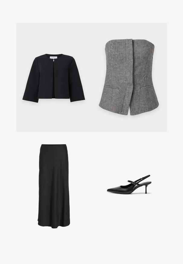 Zwarte cropped jack met open voorkant, lange mouwen en een ronde hals, weergegeven op een eenvoudige lichte achtergrond.; Grijze mouwloze bodywarmer met visgraatmotief, een getailleerde pasvorm en twee zakken aan de voorkant met een paspel.; Zwarte maxi rok gemaakt van glad, lichtgewicht stof. Heeft een eenvoudige A-lijn silhouet met een licht uitlopende zoom en geen zichtbare sluitingen.; Zwarte leren slingback hakken met een puntige neus, slanke verstelbare band en een ongeveer 5 cm hoge stiletto hak, met een gladde textuur.