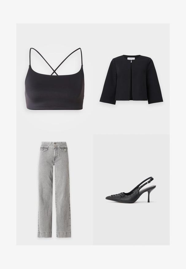 Sort åben, kort jakke med lange ærmer og rund halsudskæring, vist på en ensfarvet lys baggrund.; Sort bralette med en glat overflade, der har tynde stropper, som krydser hinanden på ryggen for et minimalistisk design.; Høj talje, lysegrå jeans med vide ben, frontlommer med klapper og dobbelt knaplukning ved linningen.; Sorte læder slingback stiletto med spids tå, side spændebånd, nitter langs kanten og dekorativ snøring foran.