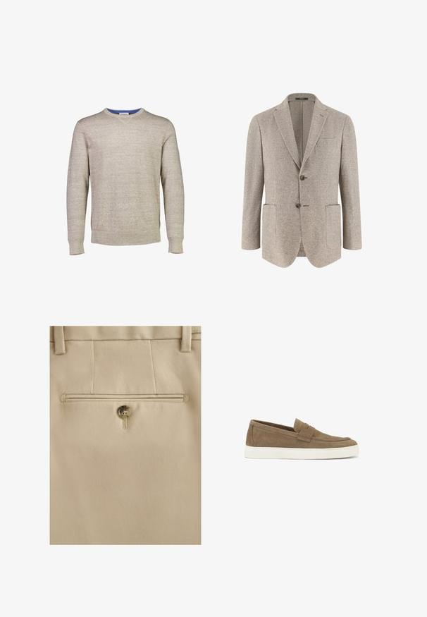 Blazer para hombre color beige claro con dos botones, solapa con muesca y tres bolsillos delanteros, hecho de tela texturizada.; Suéter beige claro hecho de tela de punto texturizada. Presenta un cuello redondo con un acento azul en el interior del cuello. Mangas largas.; Pantalones beige hechos a medida con bolsillo trasero que tiene un cierre con un botón marrón y trabillas para cinturón sobre la cintura.; Zapatos de ante marrón tipo slip-on con una suela de goma blanca, que presentan un diseño de punta cosida y una correa decorativa a lo largo del empeine.