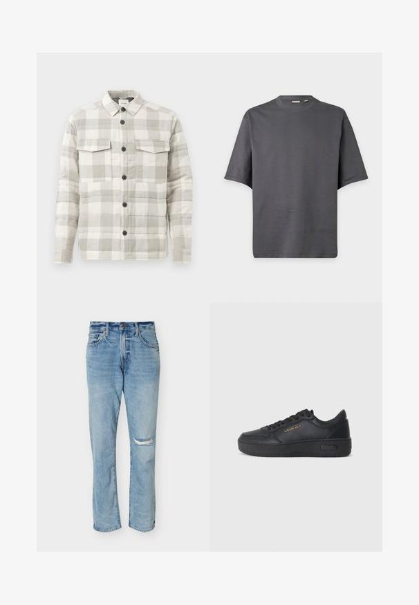 Camisa chaqueta acolchada a cuadros en gris claro y blanco, con cuello, cierre frontal de botones y dos bolsillos de solapa en el pecho.; Camiseta de color gris oscuro, manga corta, cuello redondo, con diseño sencillo y textura de tela suave.; Vaqueros de pierna recta azul claro con cintura alta y un parche rasgado en la rodilla derecha, con bolsillos delanteros y cierre de botones.; Replay EPIC HIGH - Zapatillas - black