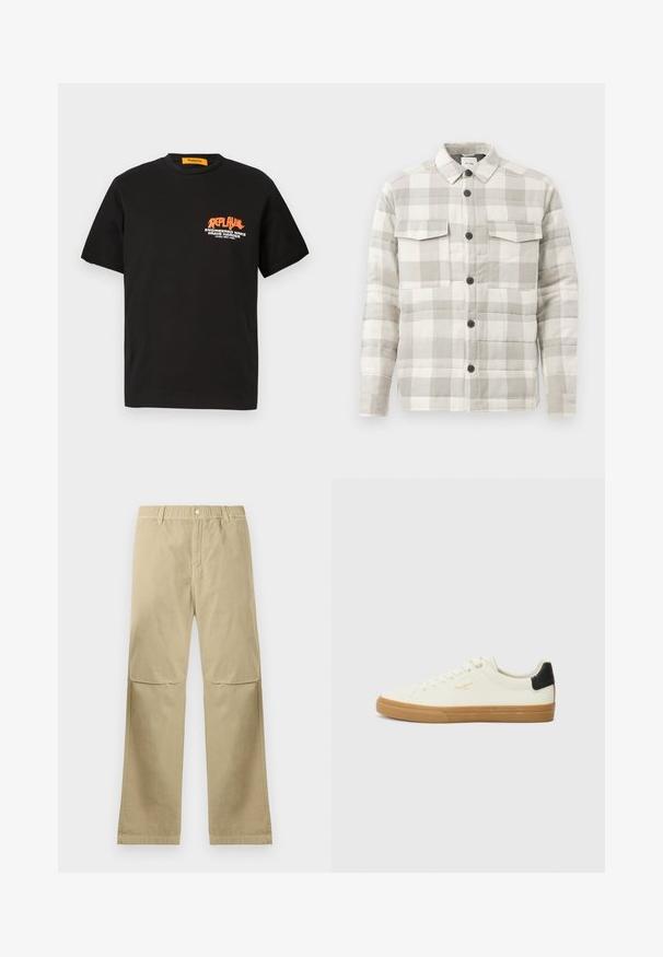 Camisa chaqueta acolchada a cuadros en gris claro y blanco, con cuello, cierre frontal de botones y dos bolsillos de solapa en el pecho.; Camiseta de algodón negra con mangas cortas, que presenta un diseño gráfico de texto en naranja y blanco en la parte delantera. Cuello redondo, ajuste relajado.; Pantalones rectos beige con cierre de botón a presión, lazos para cinturón y detalles en la costura de la rodilla, dispuestos sobre un fondo blanco.; Zapatilla de lona blanca con suela de goma, acento negro en el talón, punta redonda y diseño con cordones. Presenta el logo de la marca en dorado en el lateral.