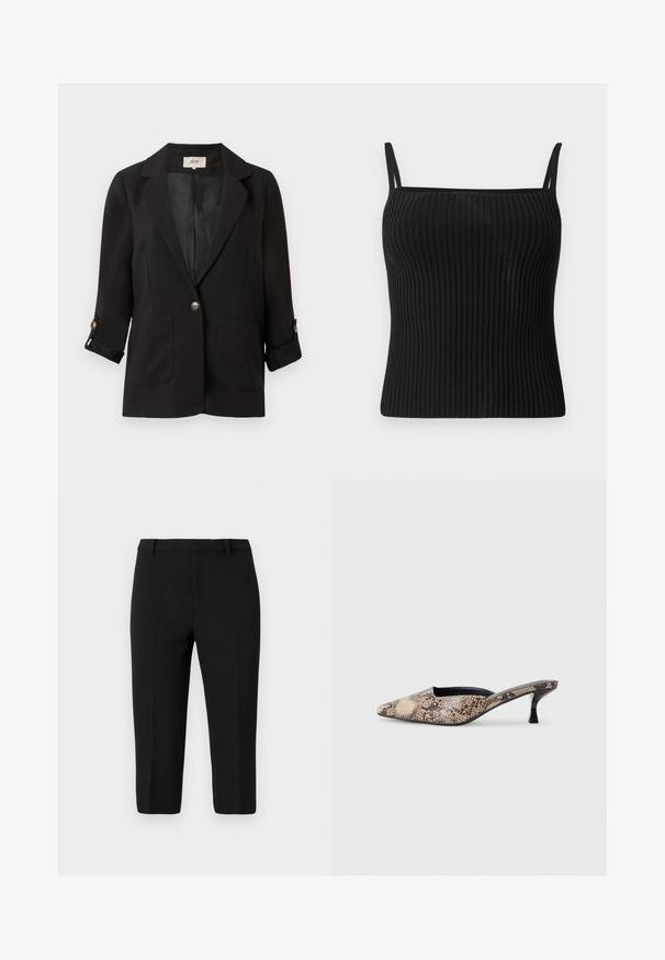 Zwarte blazer met een enkele knoopsluiting, inkeping bij de revers en twee voorkruiszakken. Voorzien van opgerolde mouwen en een gladde binnenvoering.; Zwarte geribbelde tanktop met verstelbare spaghettibandjes, met een aansluitende pasvorm en een gladde textuur.; Zwarte op maat gemaakte broeken van lichtgewicht materiaal, met een gladde textuur, rechte snit en voorplooien voor een verzorgde uitstraling.; Mule-achtige schoen in slangenprint, met een spitse neus, lage zwarte hak en open achterkant. Gemaakt van synthetisch materiaal.