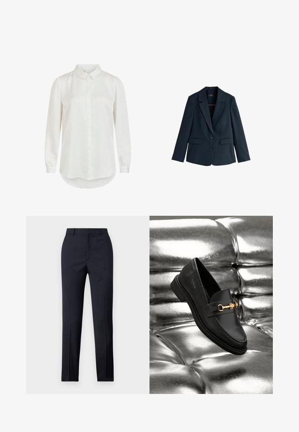 Marineblauwe damesblazer met ingezette rever, twee knopen, lange mouwen en klepzakken, weergegeven op een witte achtergrond.; Witte blouse met lange mouwen en een klassieke kraag, met een gladde textuur en knoopsluiting. Rond gemaakte zoom en licht gepofte mouwen.; Marineblauwe, op maat gemaakte broek met een rechte snit, met een gladde textuur, twee zijzakken en een schone tailleband.; Zwarte leren instapper met een goudkleurig hardware-detail. De schoen heeft een strak ontwerp en een gladde, glanzende textuur.