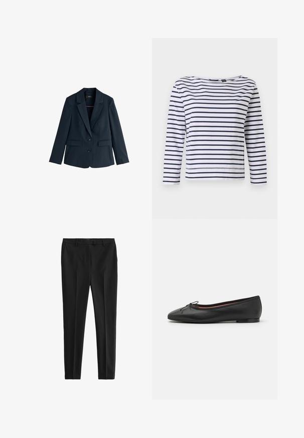 Blazer bleu marine pour femme avec revers crantés, deux boutons, manches longues et poches à rabat, présenté sur fond blanc.; Haut à manches longues rayé en blanc et bleu marine, avec un col bateau et une coupe décontractée. Fabriqué en coton doux avec des ourlets cousus.; Pantalon noir en tissu lisse, avec une coupe ajustée, des plis avant et des passants de ceinture, doté de poches latérales et arrière.; Ballerines en cuir noir avec un bout arrondi, détail de nœud à l'avant et un talon bas et plat. Texture lisse et design épuré.