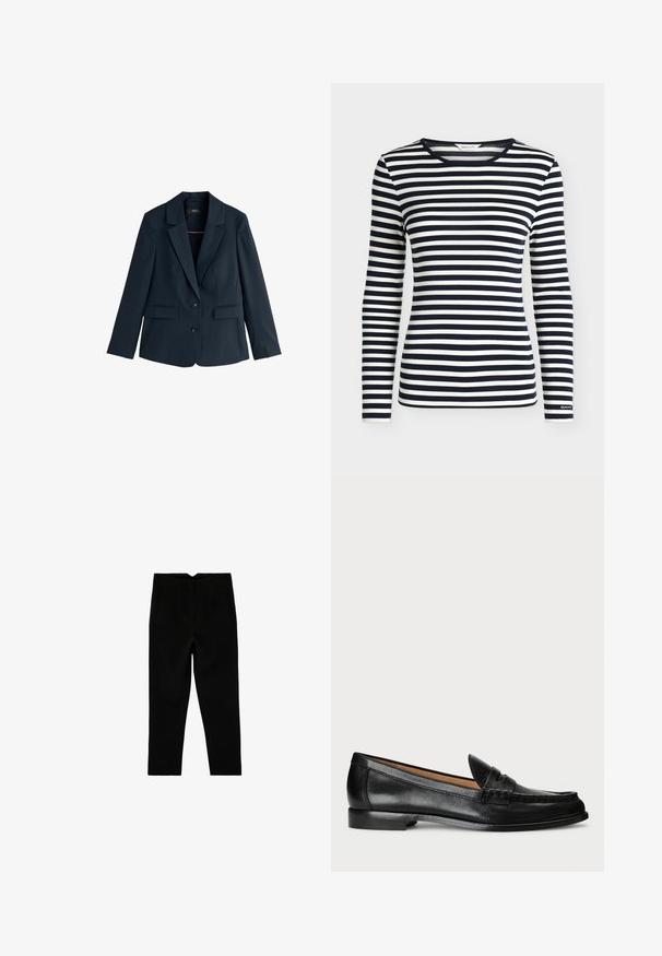 Marineblauwe damesblazer met ingezette rever, twee knopen, lange mouwen en klepzakken, weergegeven op een witte achtergrond.; Oversized shirt met lange mouwen met marineblauwe en witte horizontale strepen en een ronde hals, met het merk GANT op de mouwboord.; Zwarte op maat gemaakte broek tot aan de enkel met zijzakken en een licht taps toelopende pijp, plat liggend op een witte achtergrond.; Lauren Ralph Lauren WYNNIE - Instappers - black
