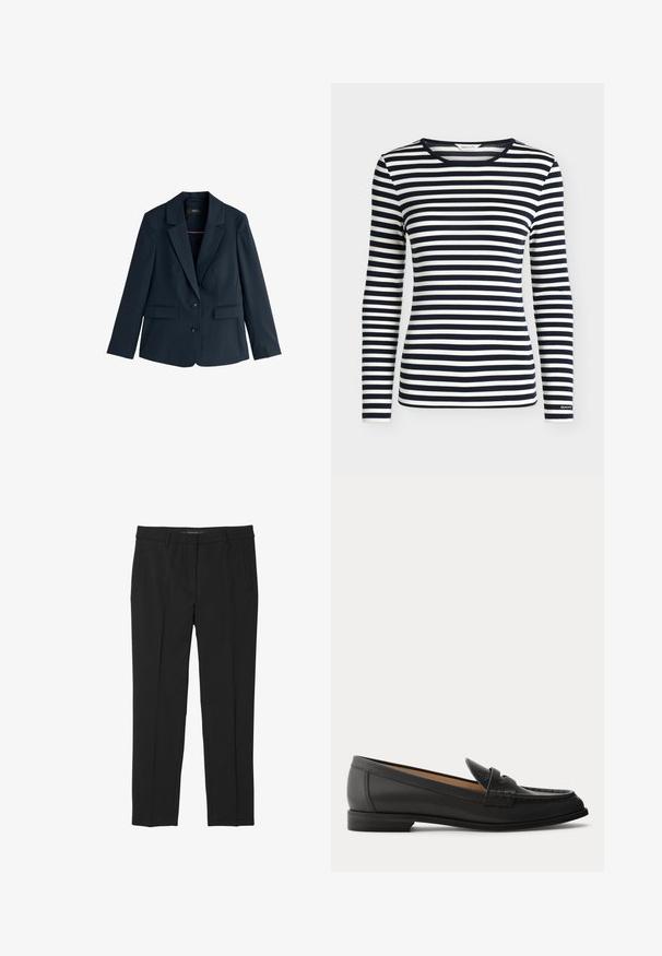 Marineblauwe damesblazer met ingezette rever, twee knopen, lange mouwen en klepzakken, weergegeven op een witte achtergrond.; Oversized shirt met lange mouwen met marineblauwe en witte horizontale strepen en een ronde hals, met het merk GANT op de mouwboord.; Zwarte broek van gladde stof, met een rechte pijp, voorzakken en een platte tailleband zonder zichtbare sluitingen.; Zwarte leren damesslof met lage hak, afgeronde neus en gestikte details op het bovenwerk, van opzij getoond tegen een effen achtergrond.