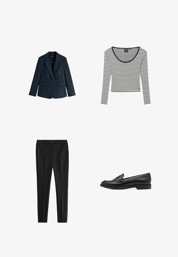Blazer azul marino para mujer con solapas con muesca, dos botones, mangas largas y bolsillos con solapa, presentado sobre un fondo blanco.; Camisa blanca de manga larga con estrechas rayas horizontales azul marino y ribete azul marino alrededor del escote redondo, con pequeño logo dorado cerca del bajo.; Pantalones negros a medida hechos de una tela suave. Presentan un frente plano, bolsillos laterales y un diseño ajustado. Estilo limpio y minimalista.; Mocasines de piel negra con una textura suave, que presentan un detalle trenzado en la parte superior y un tacón bajo y redondeado. Diseño y forma simples.
