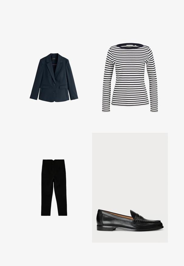 Navyblå dames blazer med hakrevers, to knapper, lange ærmer og klaplommer, vist på hvid baggrund.; TOM TAILOR DENIM Langærmet T-shirt - navy/white; Sorte skræddersyede ankelkorte bukser med sidelommer og let tilspidset ben, vist fladt på en hvid baggrund.; Lauren Ralph Lauren WYNNIE - Loafers - black
