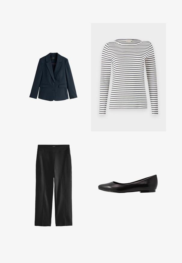 Blazer bleu marine pour femme avec revers crantés, deux boutons, manches longues et poches à rabat, présenté sur fond blanc.; Chemise à manches longues rayée en tissu doux, avec des rayures horizontales bleu marine et blanches, un col rond et une coupe ajustée.; Pantalon noir à jambes droites avec une coupe ajustée et un pli sur le devant, doté d'une taille mi-haute et sans poches visibles ni ornements.; Ballerine noire en cuir verni avec un bout arrondi et une semelle basse et plate. Sa texture est lisse avec un design simple et épuré.