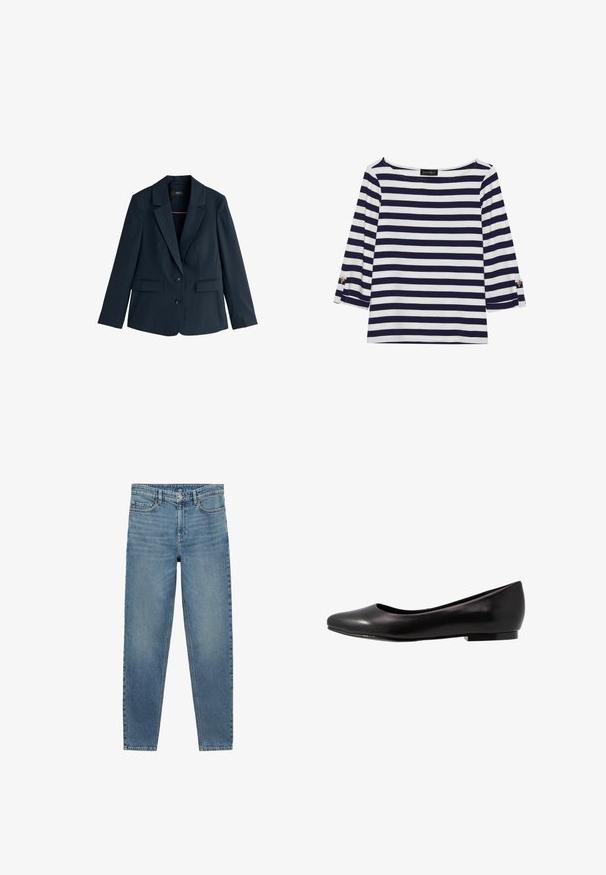 Marineblauwe damesblazer met ingezette rever, twee knopen, lange mouwen en klepzakken, weergegeven op een witte achtergrond.; Marineblauw en witte gestreepte longsleeve top met een bootnek en gouden knoopaccenten op de opgerolde mouwen. Zachte stof, relaxte pasvorm.; Lichte blauwe denim jeans met een rechte snit, vijf-pocket ontwerp en een licht vervaagde textuur. Klassieke knoop- en ritssluiting.; Zwarte ballerina van glanzend leer met een ronde neus en een lage, platte zool. Heeft een gladde textuur met een eenvoudig en strak design.