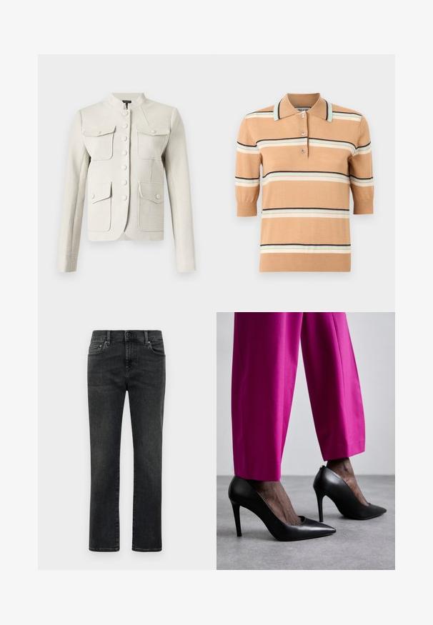 Chaqueta de manga larga con textura cremosa, cuello de pie, botones delanteros y cuatro bolsillos con solapa y cierre de botones.; Camisa de polo de punto beige con mangas cortas, que presenta franjas horizontales multicolores en azul claro, crema y azul marino. Con tapeta de tres botones.; Jeans de hombre de pierna recta, negros y deslavados, con botón frontal y diseño de cinco bolsillos sobre fondo blanco liso.; Zapatos de tacón alto negros con un diseño de punta afilada y textura de cuero suave. Combinados con pantalones ajustados de un brillante color rosa.