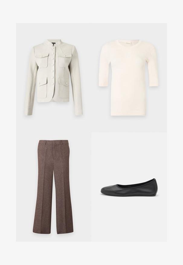 Veste crème texturée à manches longues avec col montant, boutons sur le devant et quatre poches à rabat avec fermeture par boutons.; Haut en maille rose clair à manches courtes avec encolure ronde et silhouette ajustée, présenté sur un fond clair uni.; Pantalon marron taille haute à jambes larges, avec plis à l'avant, passants pour ceinture et tissu texturé.; Ballerines en cuir noir avec un bout rond, texture lisse, détails de couture minimalistes et design de semelle flexible.